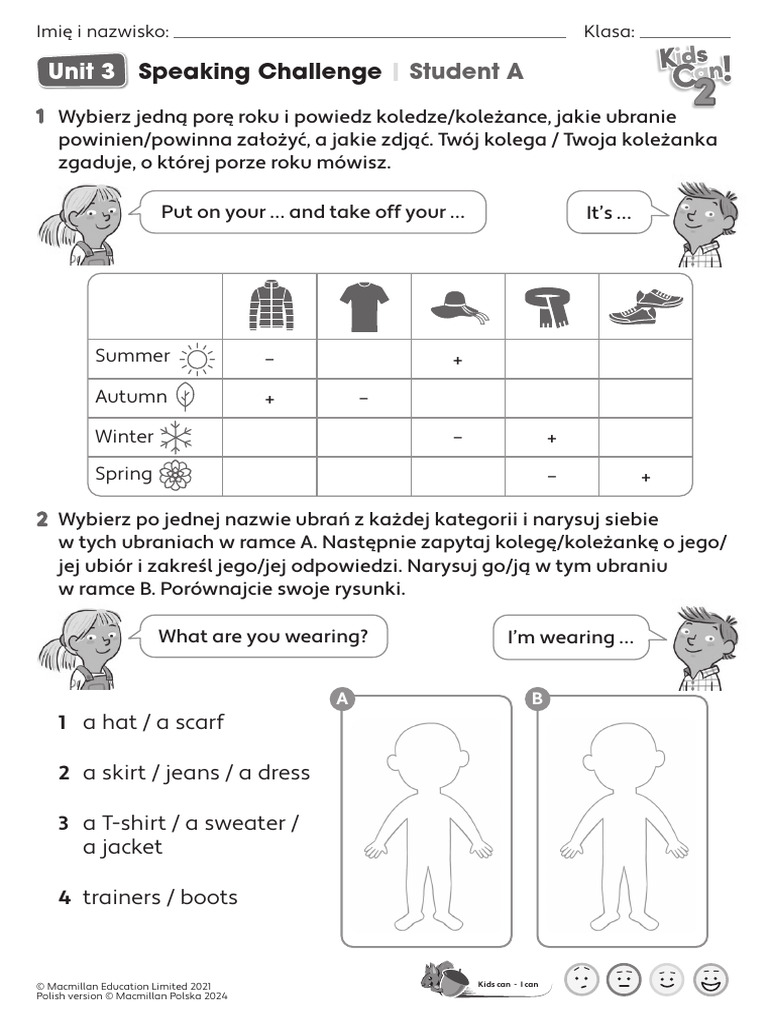 Kids Can 2 - Speaking Challenge - Unit 3 - Student A | PDF