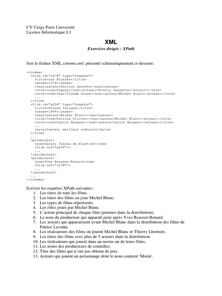 Exercices XPath sur XML de cinéma | PDF