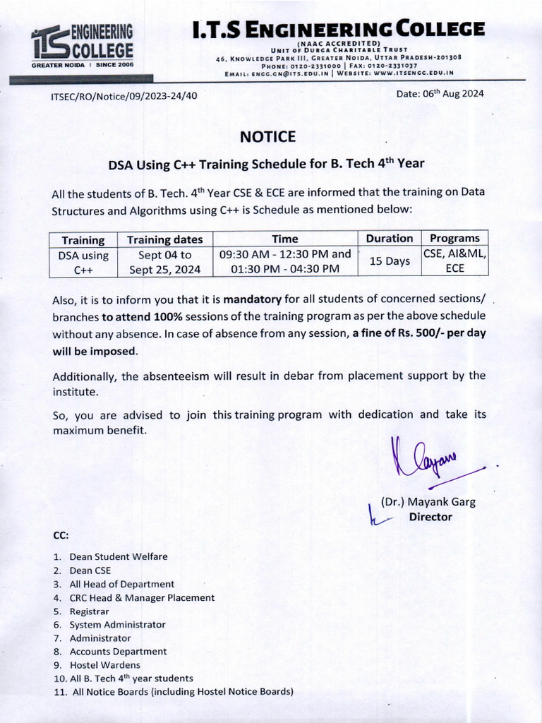 Encl. 40- Regarding DSA Using C++Training Schedule for B.tech 4th Year ...