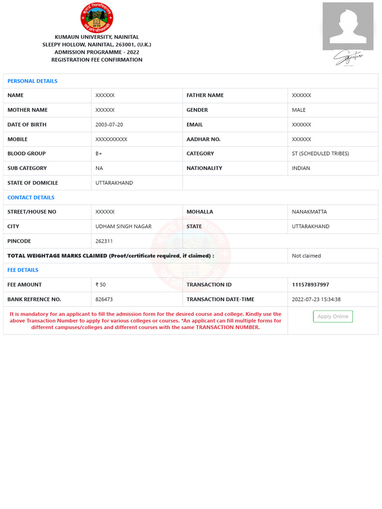 Kumaun university Fees reciept PDF