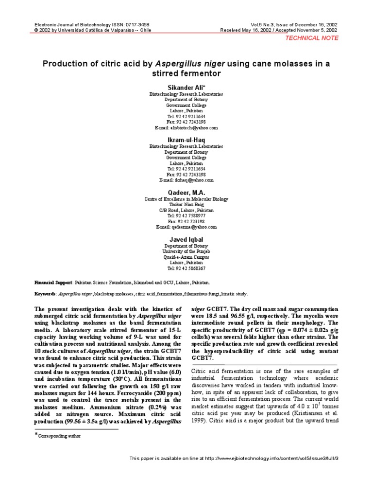 Citric Acid Production by Us Niger | PDF | Fermentation | Aspergillus