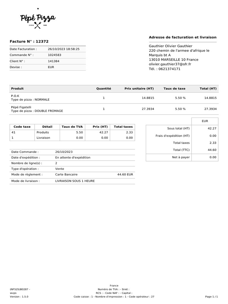 Facture 12372 - Détails de commande pizza | PDF | Taxe sur la valeur ...