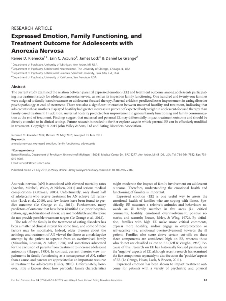 Rienecke - Expressed Emotion, Family Functioning and Treatment Outcome ...