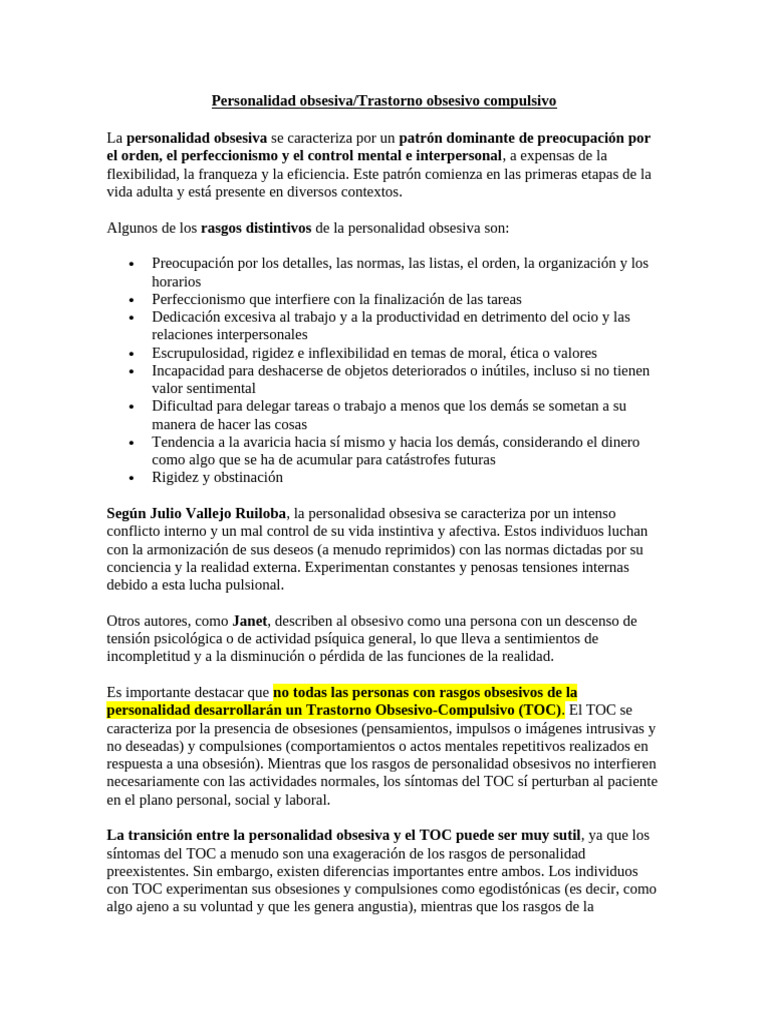 Personalidad Obsesiva y TOC: Diferencias Clave | PDF | Desorden ...