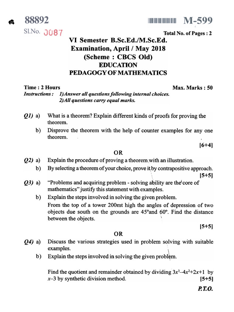 Mathematics Pedagogy Exam Questions | PDF | Mathematics | Theorem