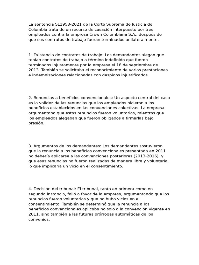Resumen Sentencia Laboral | PDF