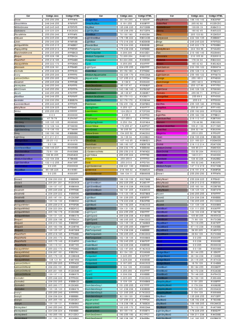 Tabela de Cores e Códigos Hexadecimais | PDF | Traditional Board Games ...