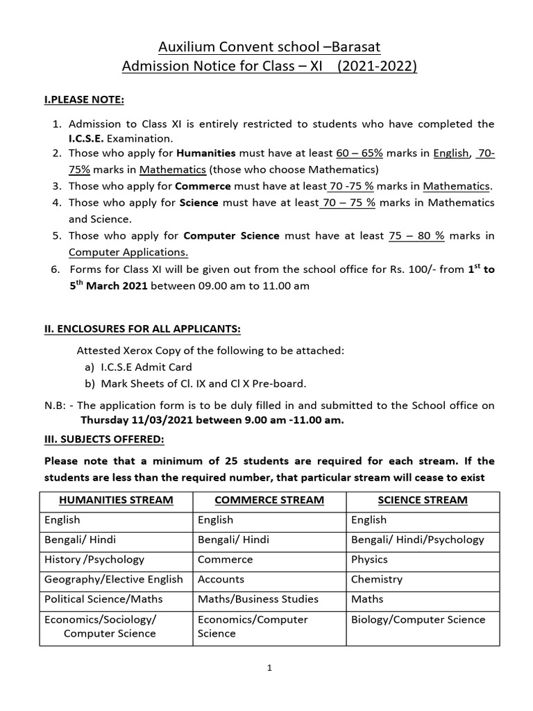 Auxilium School Class XI Admission 2021 | PDF | Science