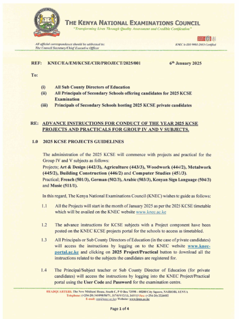 ADVANCE INSTRUCTIONS FOR CONDUCT OF 2025 KCSE PROJECTS AND PRACTICALS FOR GROUP IV AND V PDF