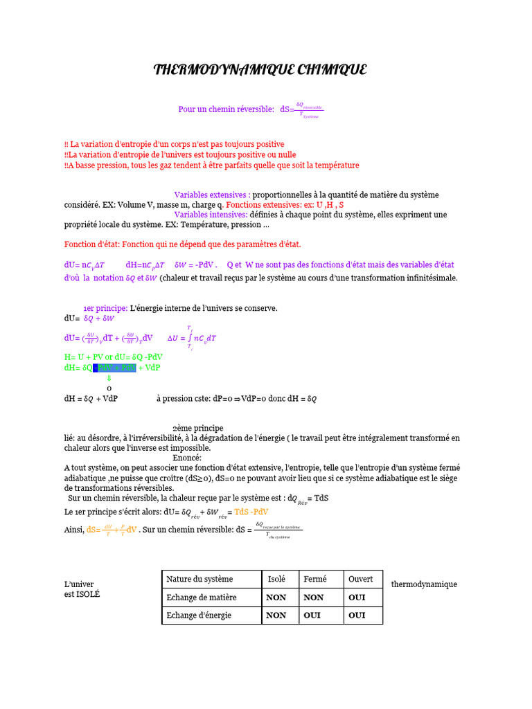 Fiche sur la thermodynamique chimique | PDF | Entropie | Chaleur