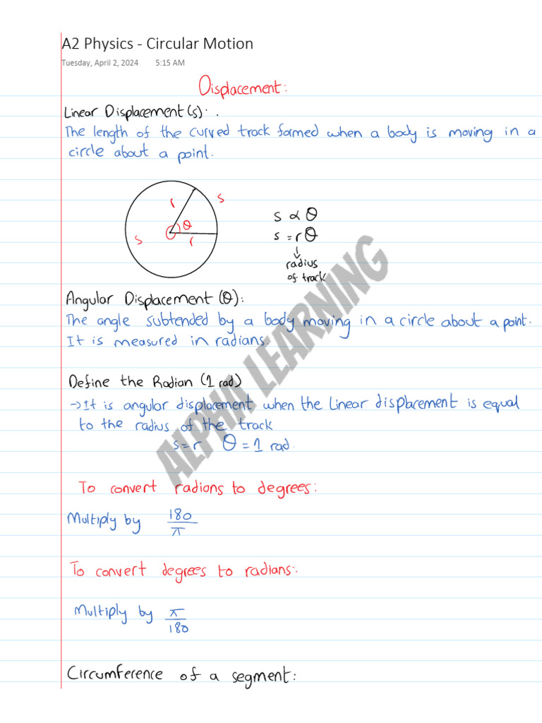 A2 Physics Circular Motion Notes | PDF
