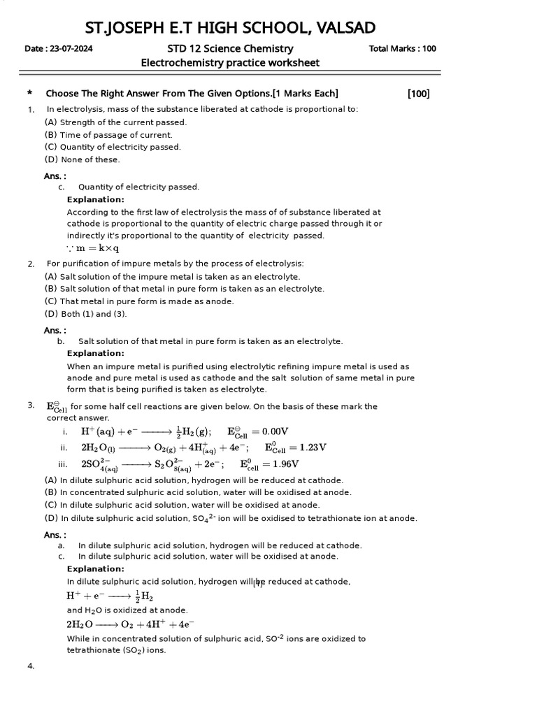 Electrochemistry Practice Worksheet | PDF | Anode | Redox