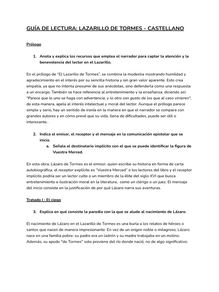 Guía de Lectura: Lazarillo de Tormes | PDF