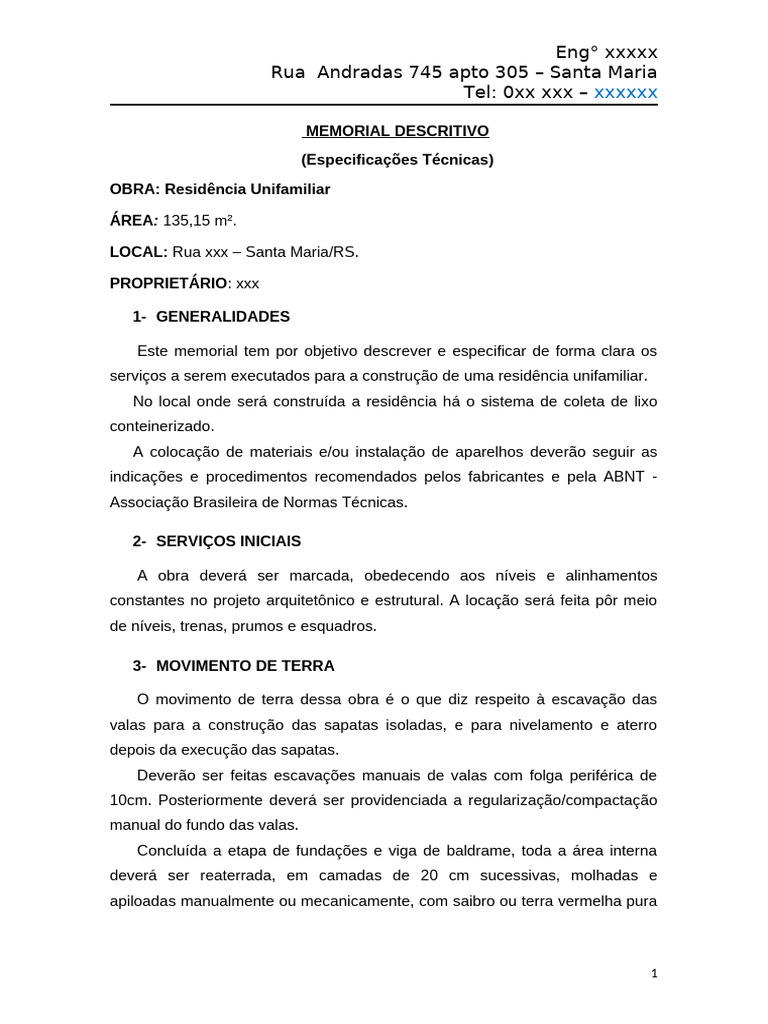 Memorial Descritivo de Residência Unifamiliar | PDF | Argamassa ...