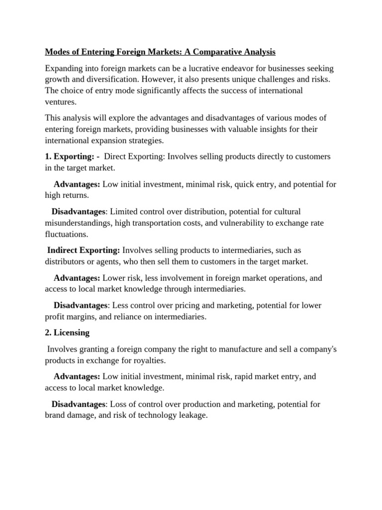Entry Modes for Foreign Market Expansion | PDF | Investing | Franchising