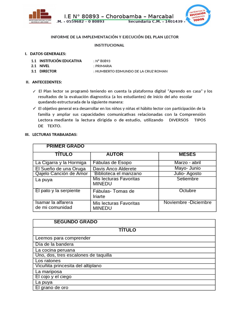 Informe Plan Lector Primaria 2024 | PDF | Perú