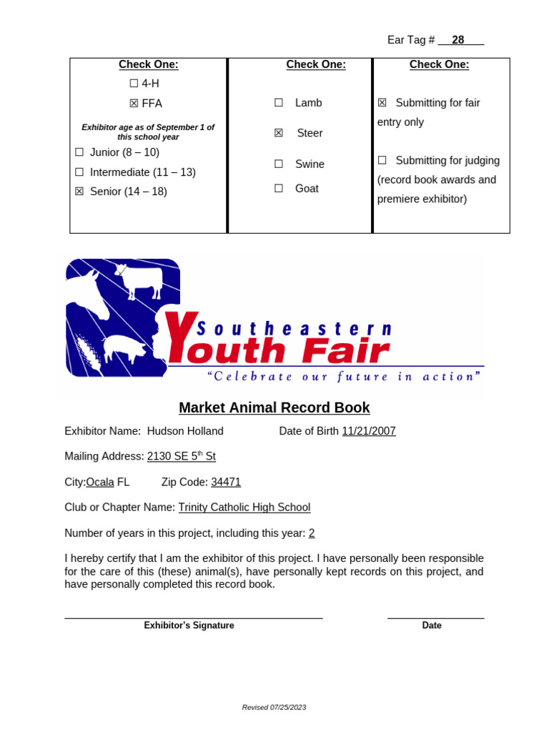 FFA Market Animal Record Book PDF Cattle