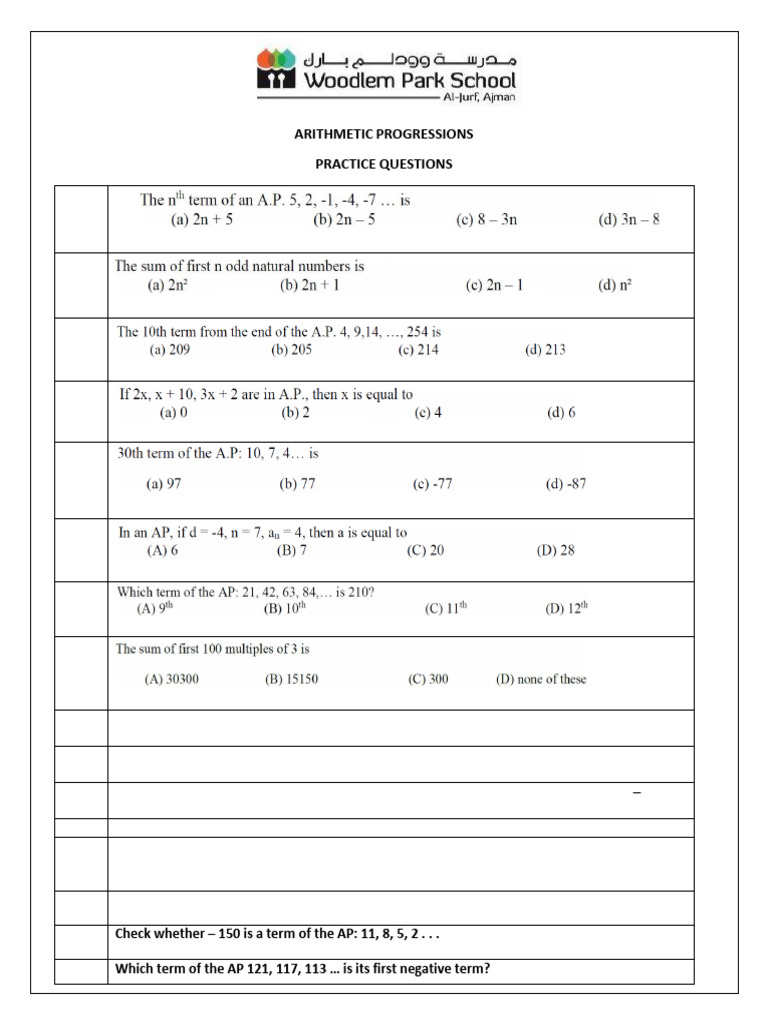 Arithmetic Progressions Practice Questions | PDF