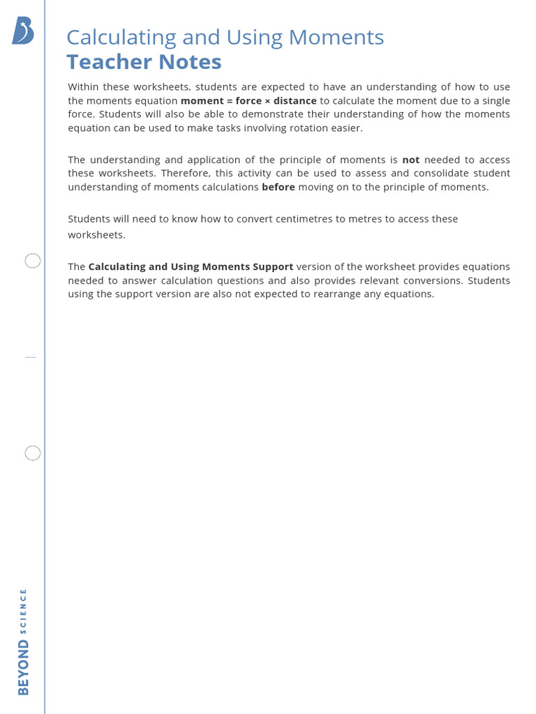 Calculating and Using Moments Teacher Notes | PDF