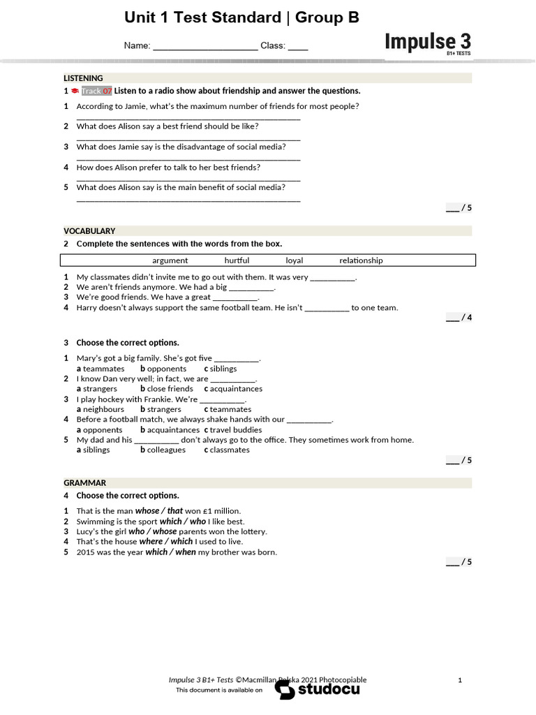 Friendship and Language Skills Test | PDF