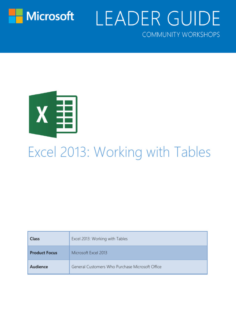 Excel 2013 Table Workshop Guide | PDF | Microsoft Excel | Spreadsheet