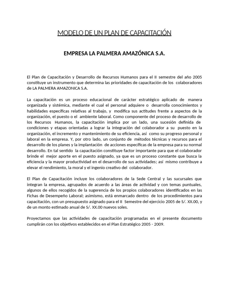 MODELO de Plan de Capacitación | PDF | Gestión de recursos humanos ...