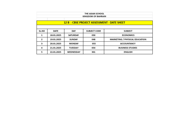 CBSE Project Assessment Date Sheet | PDF