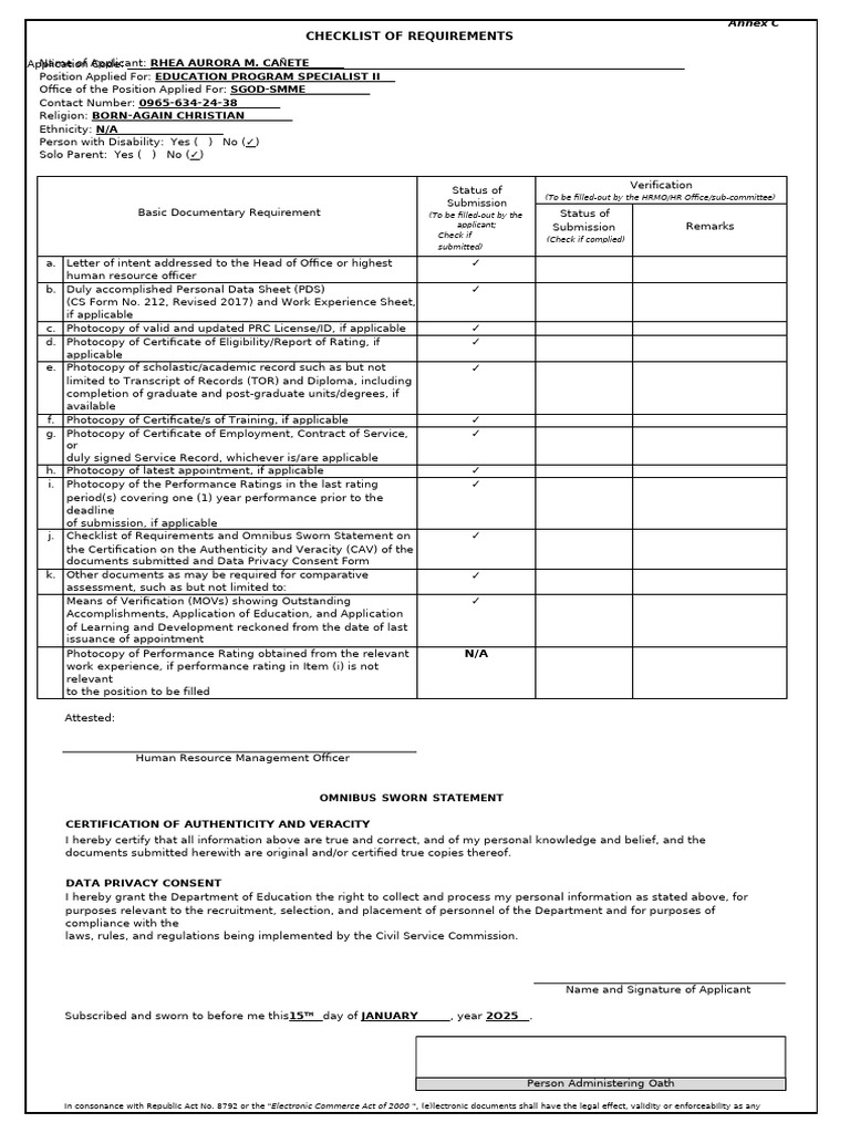 DepEd 2025 Omnibus Requirements Checklist | PDF