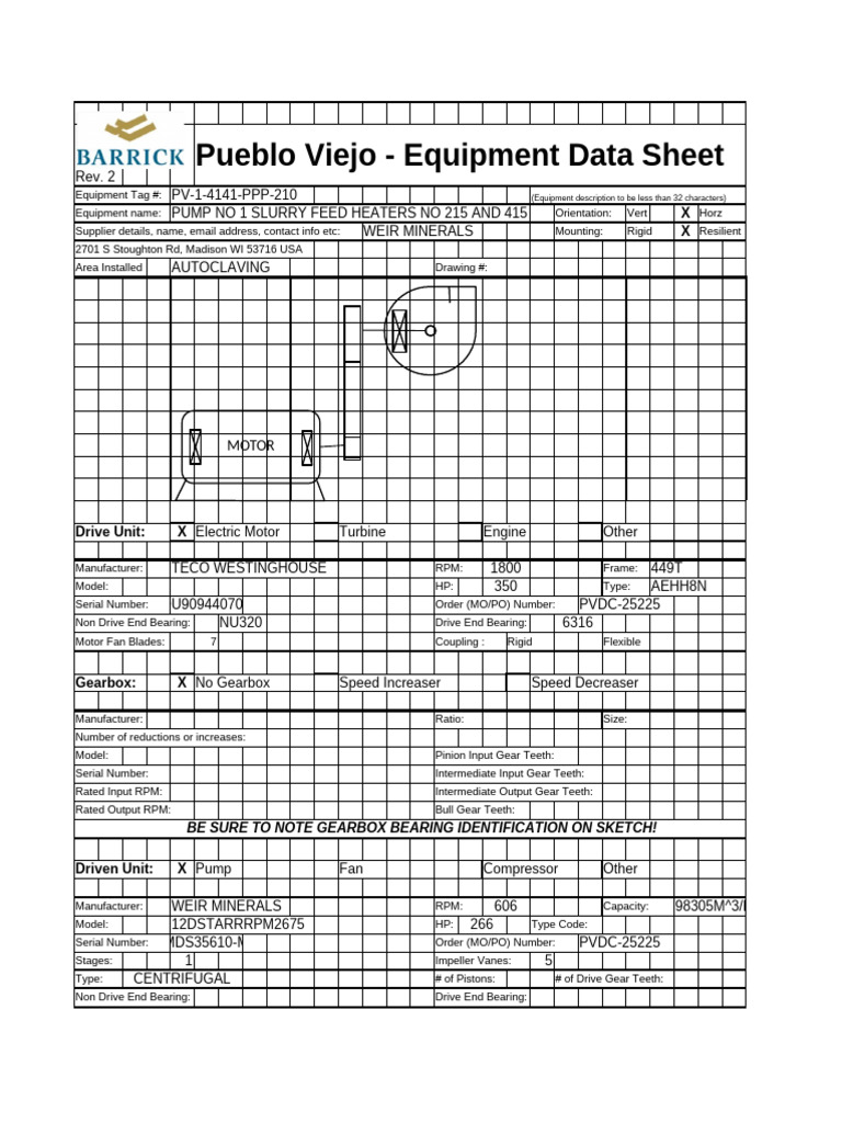 Pueblo Viejo Pump Equipment Data Sheet | PDF | Pump | Propulsion