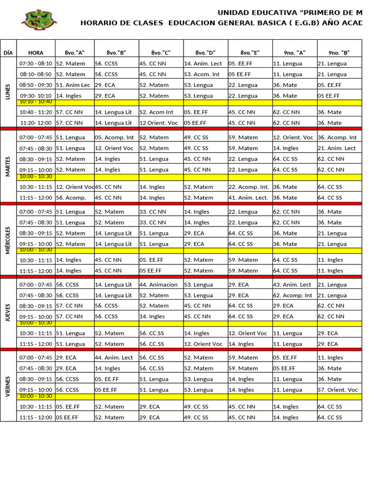 Horario Clases 2024-2025 EGB | PDF | Ciencias Naturales | Idiomas del ...