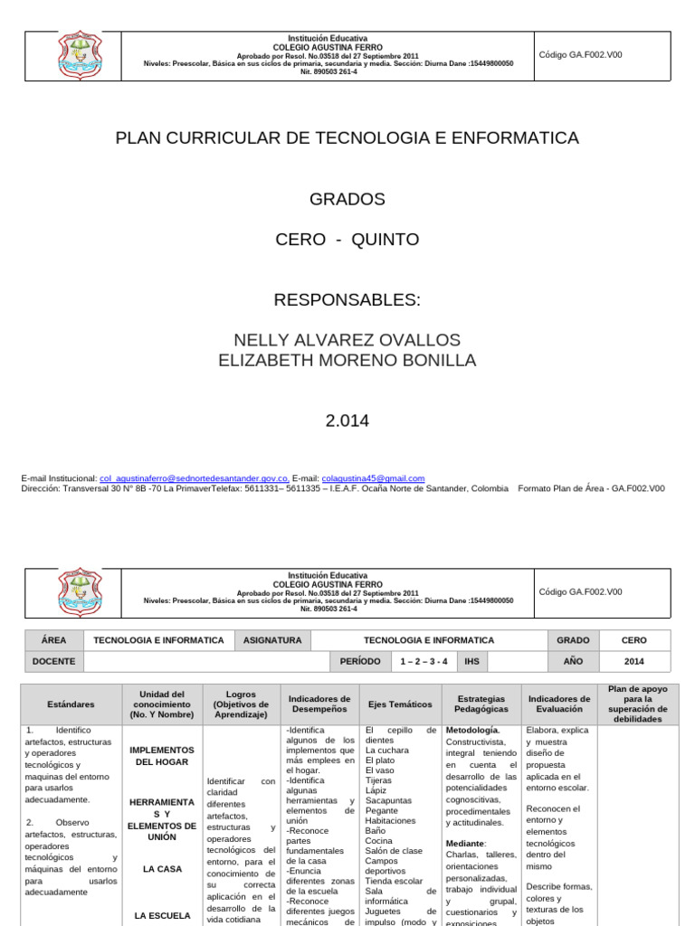 Plan Curricular de Tecnologia e Enformatica Primaria | PDF | Educación ...