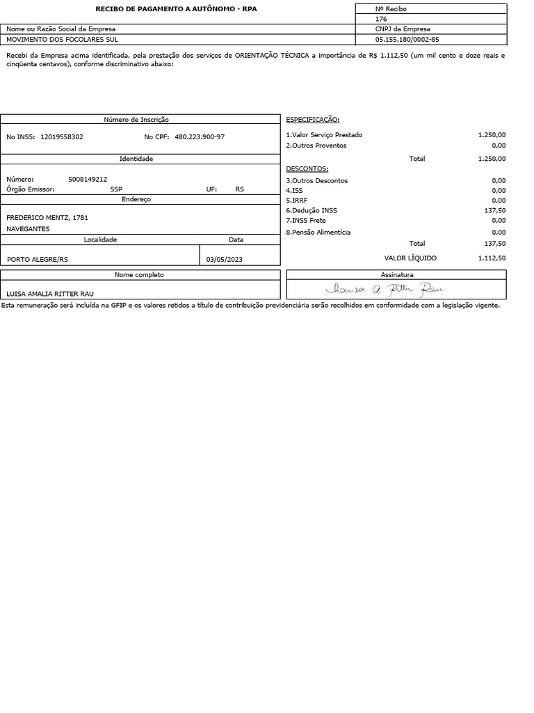 Recibo de Pagamento a Autônomo RPA | PDF
