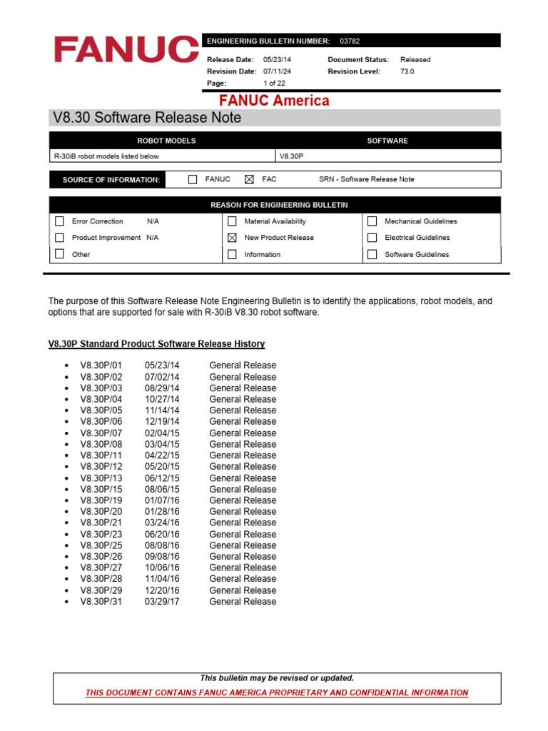 FANUC V8.30 Software Release Note | PDF | Computing | Robotics