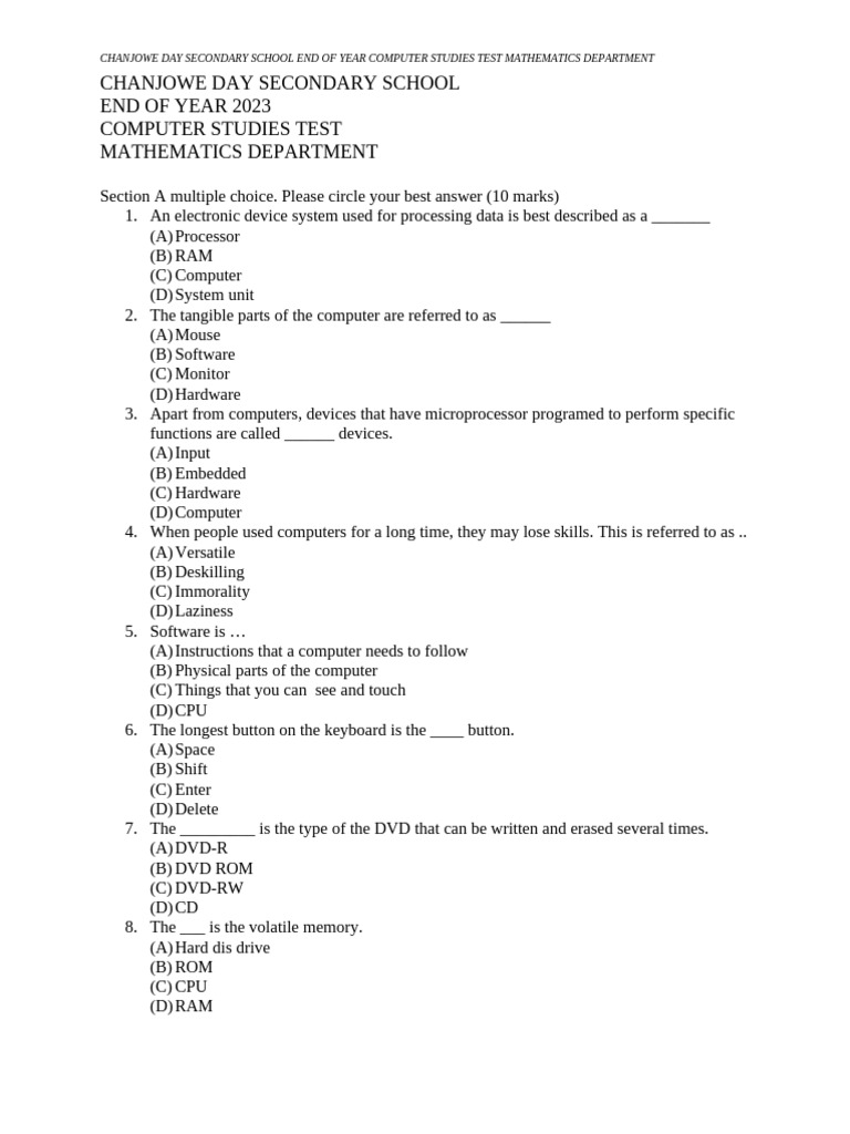 Chanjowe Day Secondary School End of Year 2023 Grade 8 | PDF | Computer ...