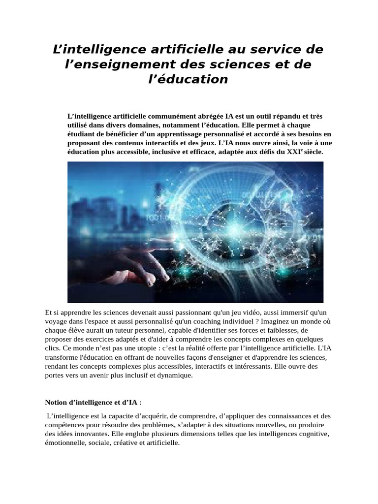 L'intelligence Artificielle Au Service de L'enseignement Des Sciences ...