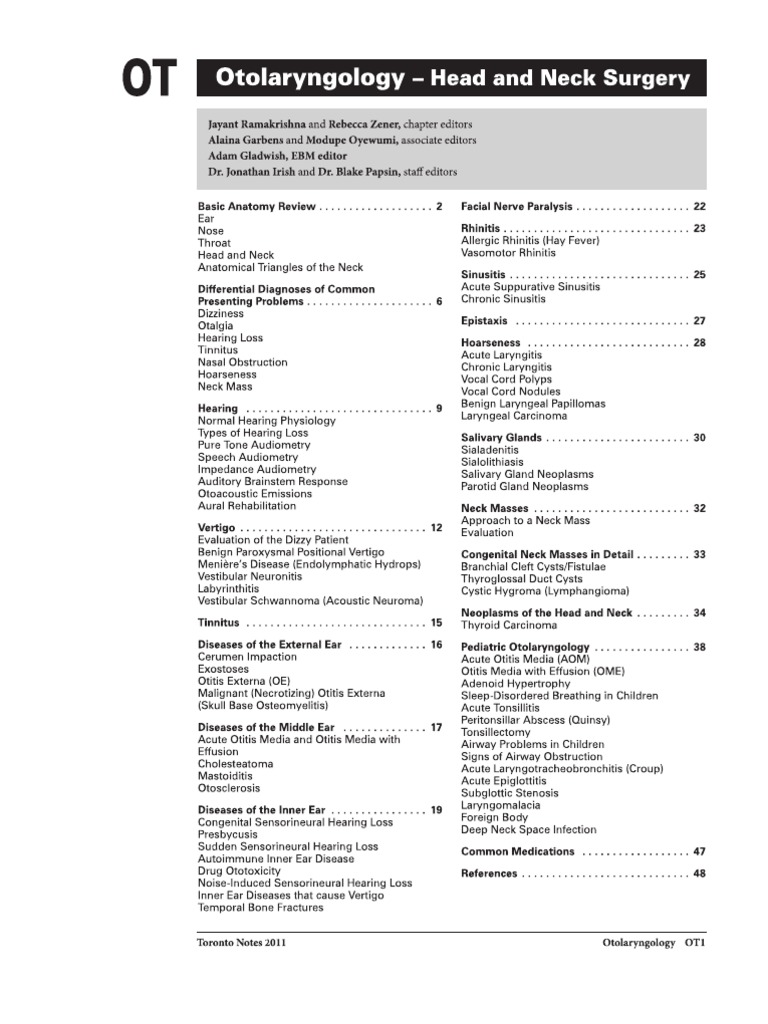 22 - Toronto Notes 2011 - Otolaryngology - Head and Neck Surgery | PDF ...