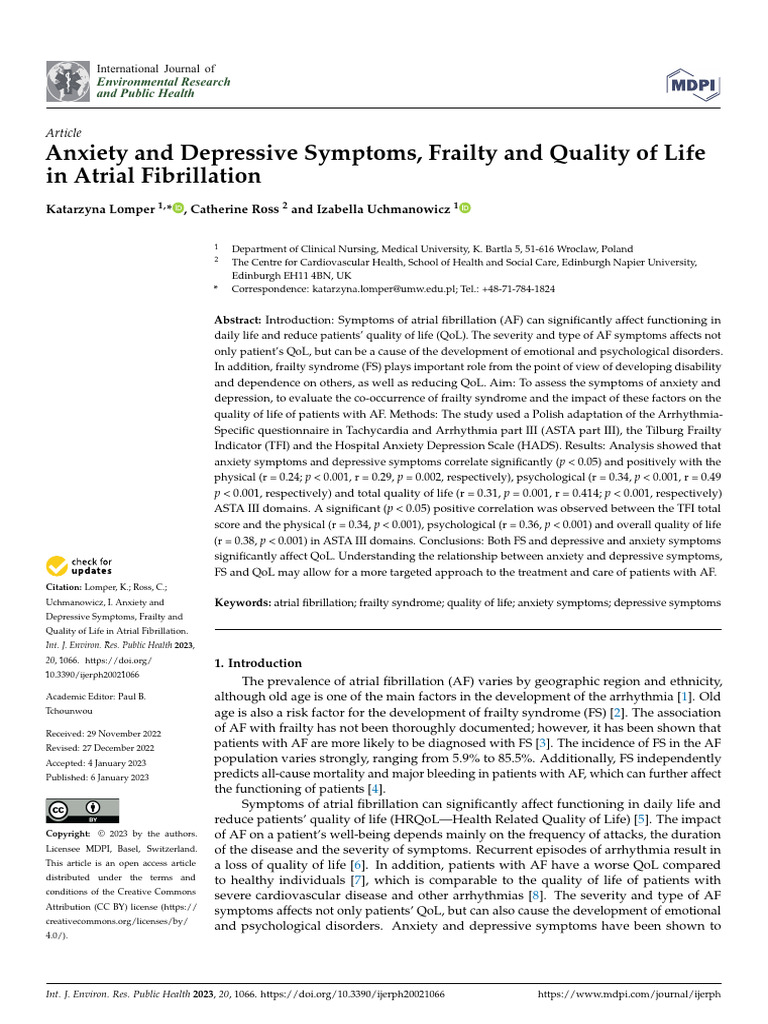 Anxiety An Drepressive Mymptoms, Frailty and Quality of Life in Atrial ...