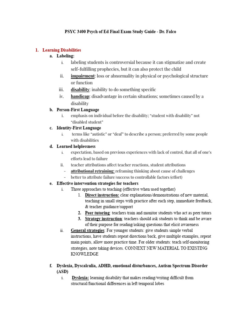 PSYC 3400 Exam Study Guide Overview | PDF | Attention Deficit ...