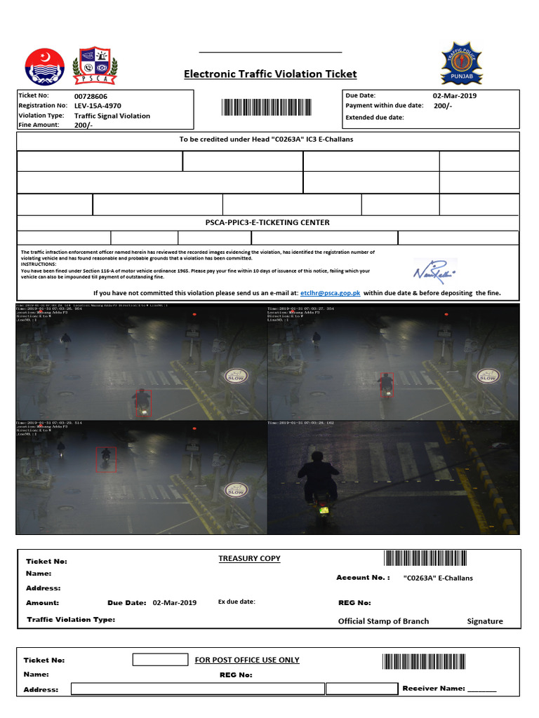 Punjab Traffic Violation Ticket Details | PDF | Driving | Traffic Ticket
