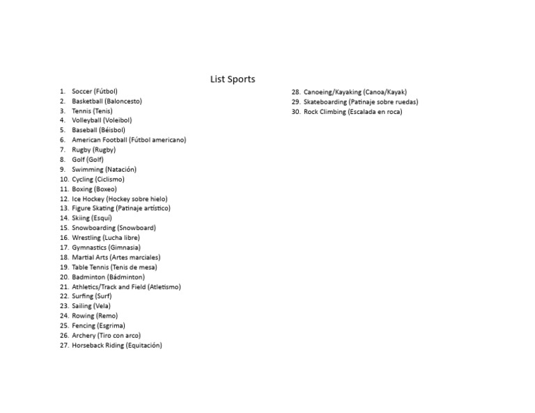 Comprehensive Sports List | PDF