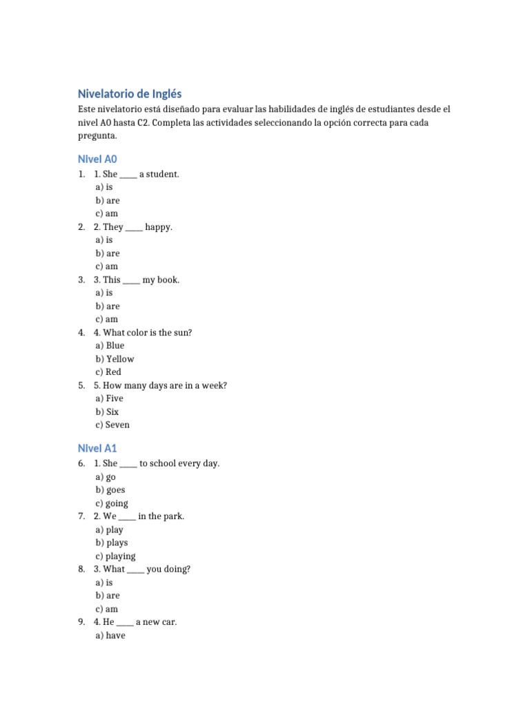 Nivelatorio Multiple Choice A0 C2 | PDF