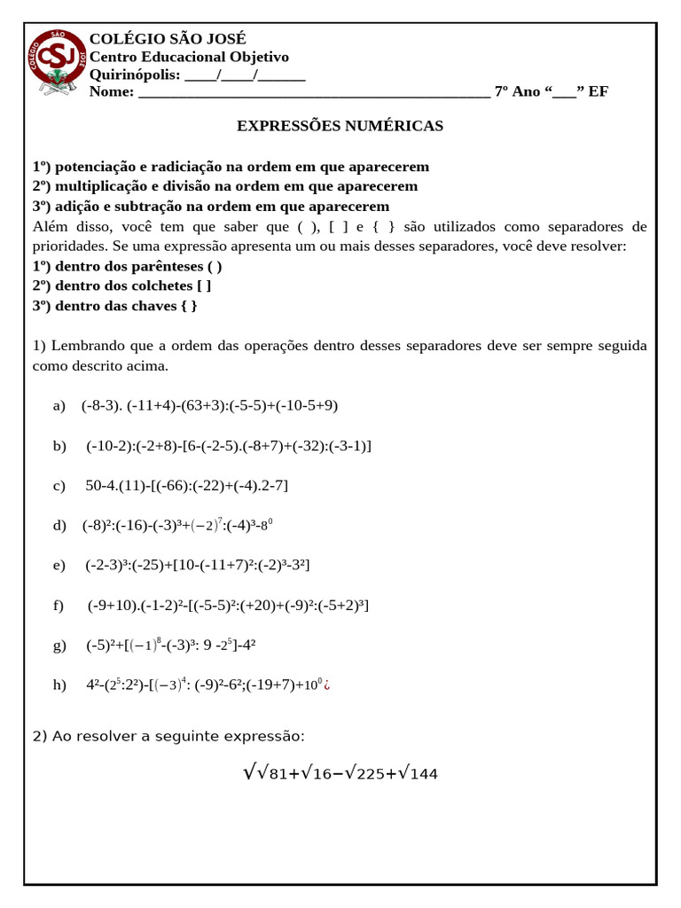 Atividades de Expressões Numéricas 7º Ano | PDF