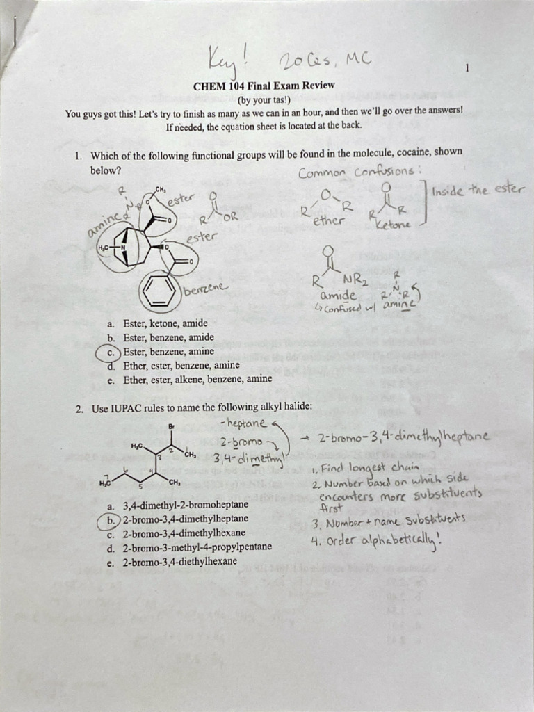 Chem 104 Practice Final Exam Review Key Fa24 | PDF