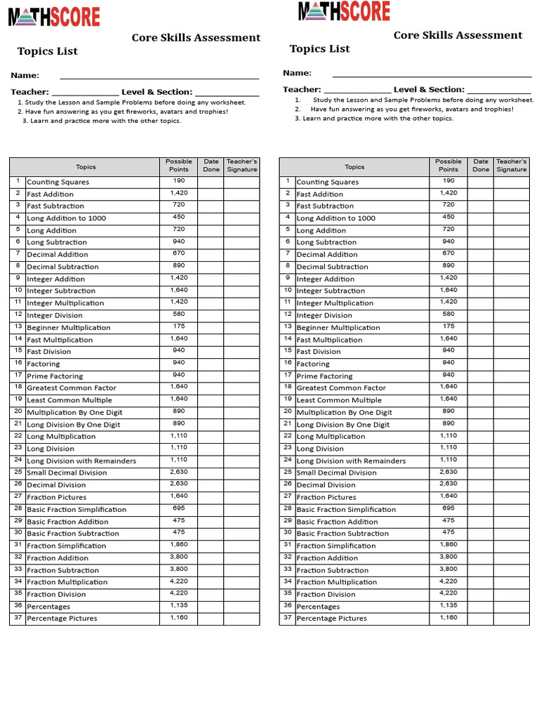 MATHSCORE COREARLY | PDF | Multiplication | Factorization