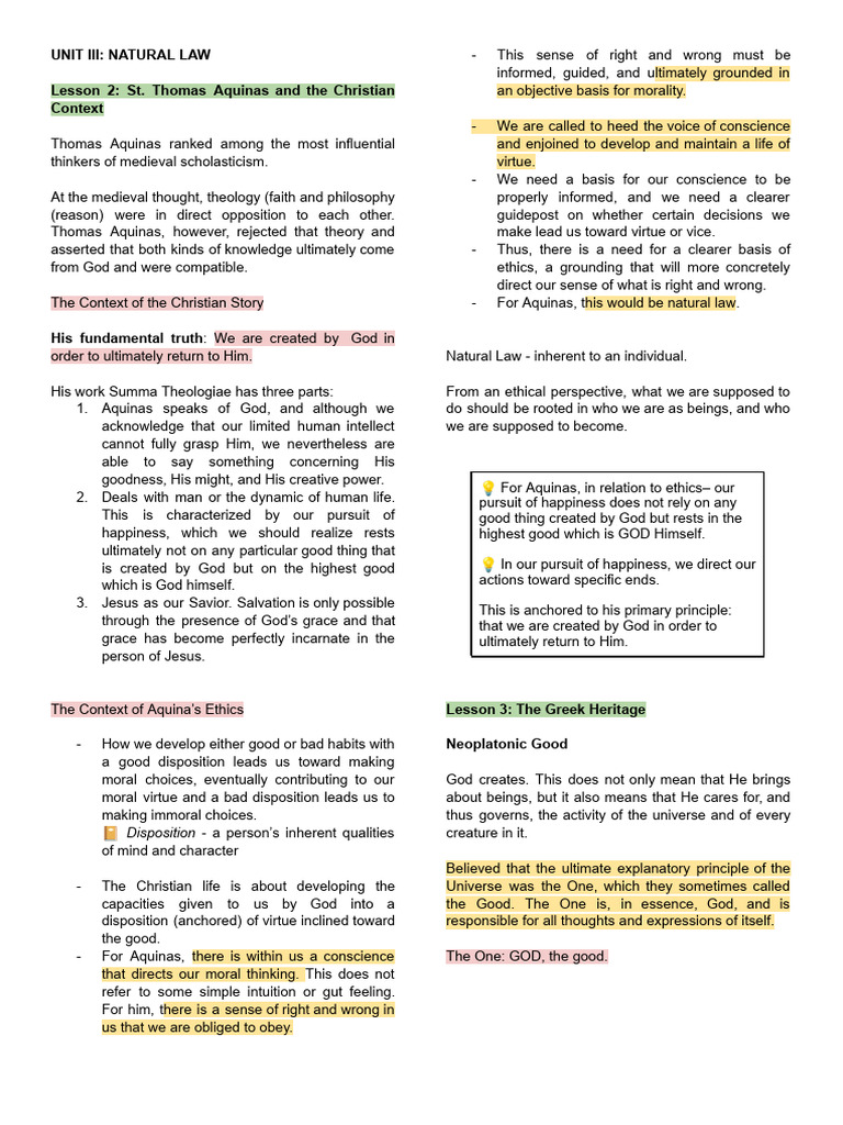 Unit Iii Natural Law Pdf Thomas Aquinas Natural Law