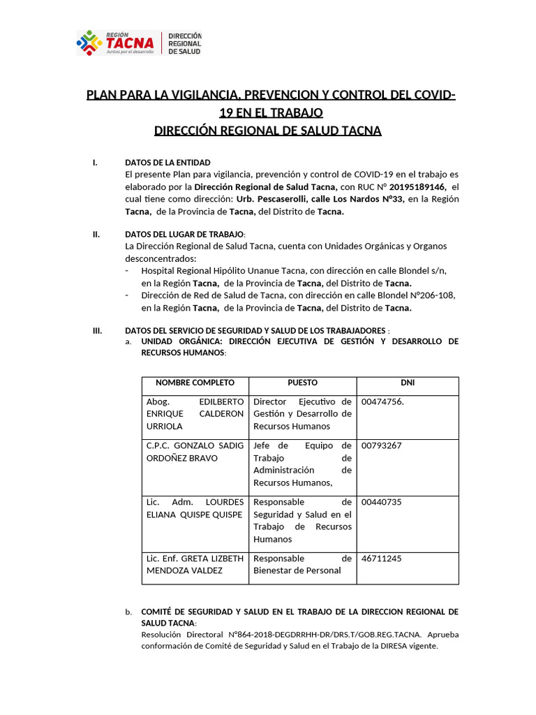 Plan Covid Trabajadores Diresa Tacna | PDF | Lavado de manos
