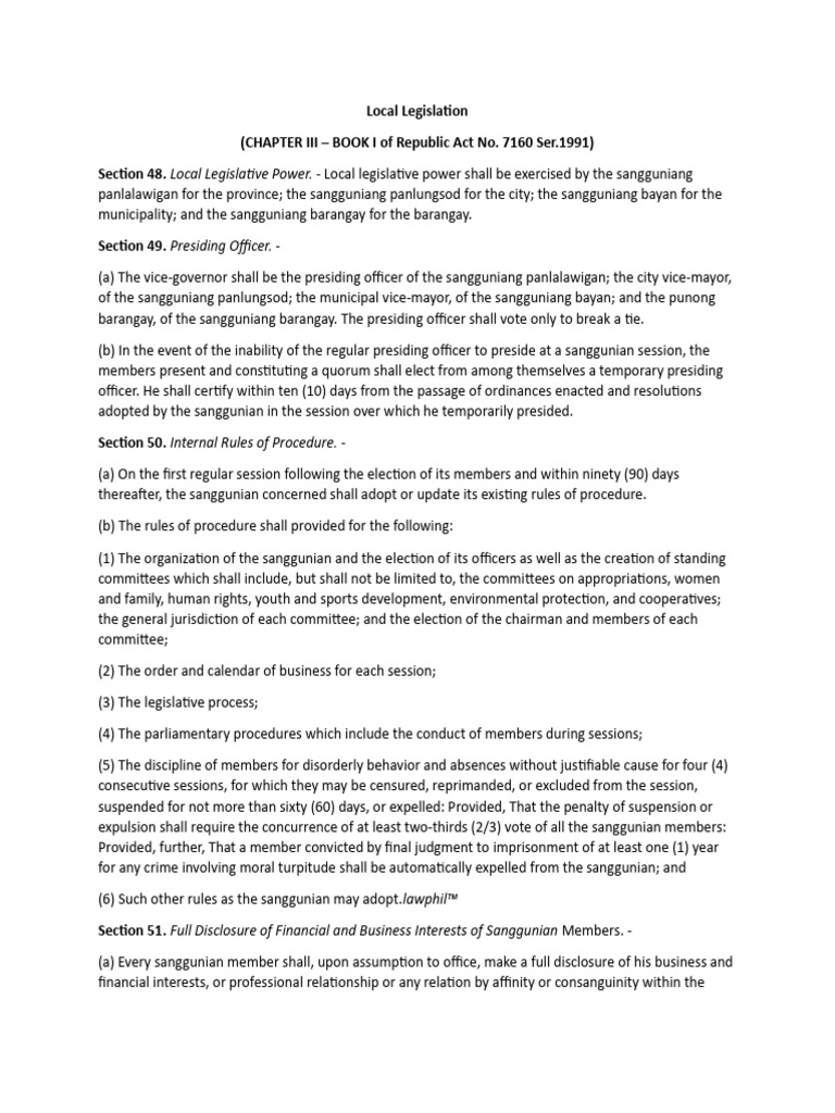 Local Legislation RA 7160 | PDF | Quorum | Government