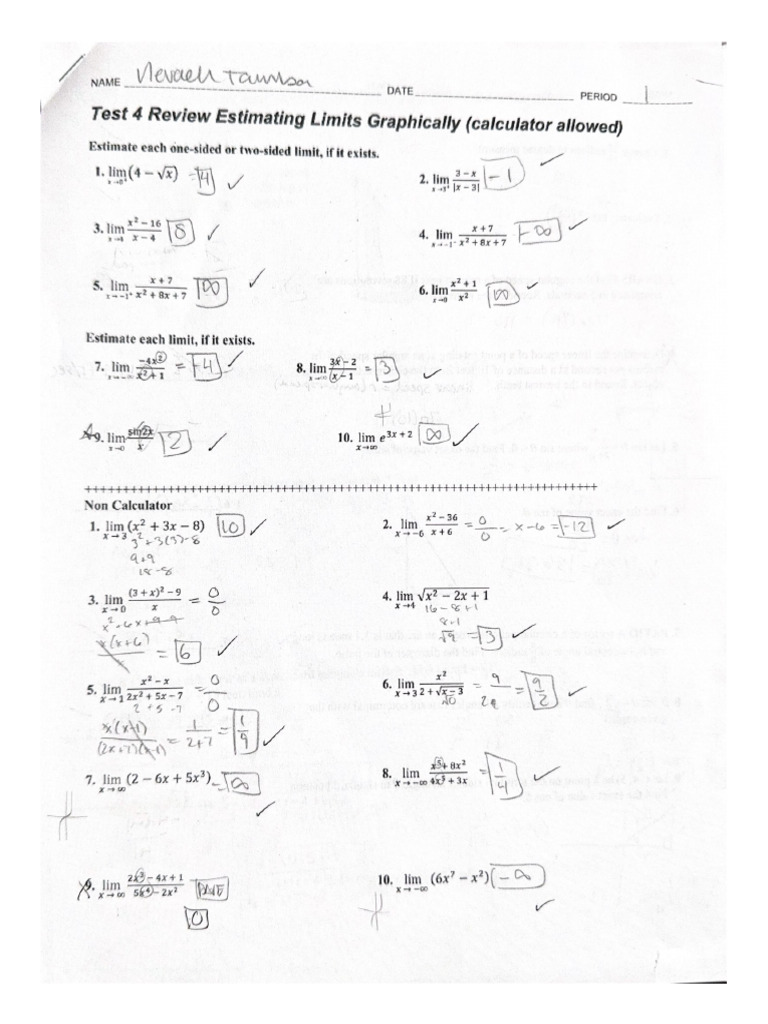Test 4 Review Estimating Limits Graphically (Calculator Allowed) | PDF