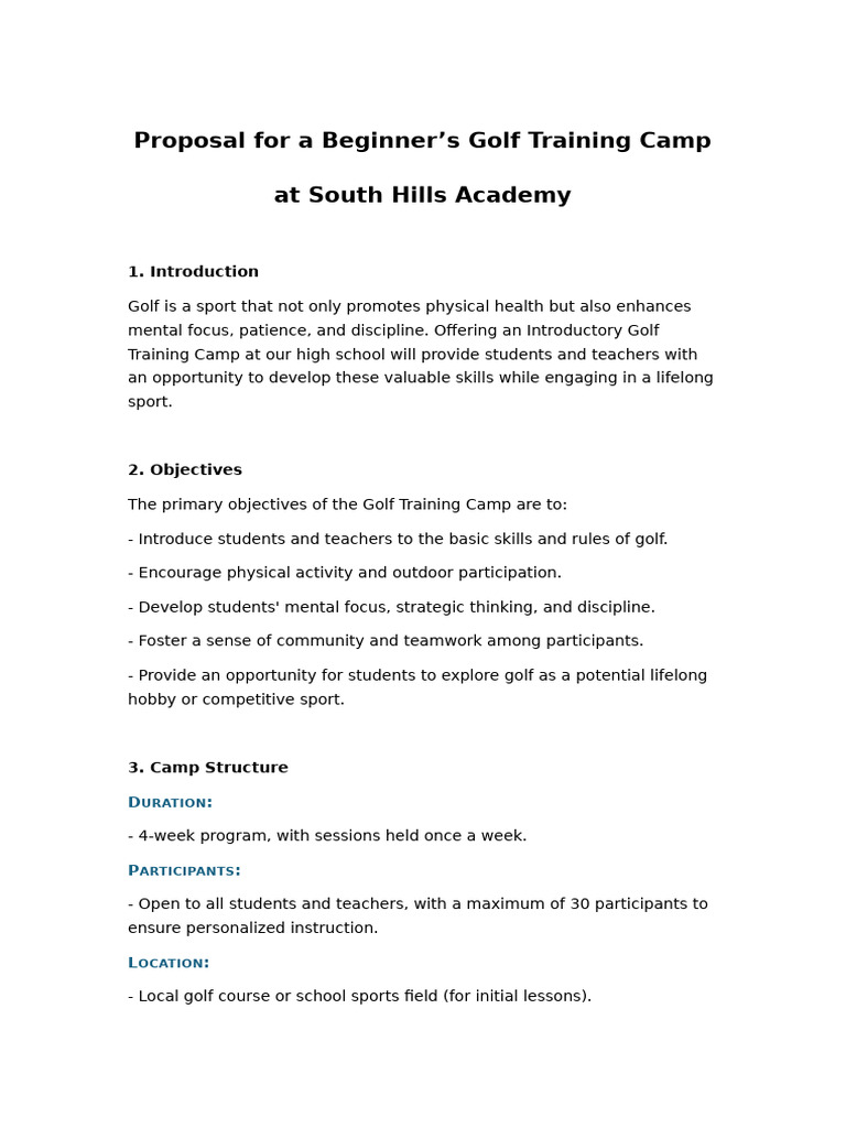 Proposal For A Beginner's Golf Training Camp | PDF | Sports | Teachers
