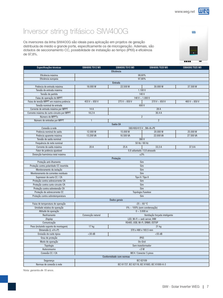 Inversor Solar SIW400G: Especificações Técnicas | PDF | Engenharia ...